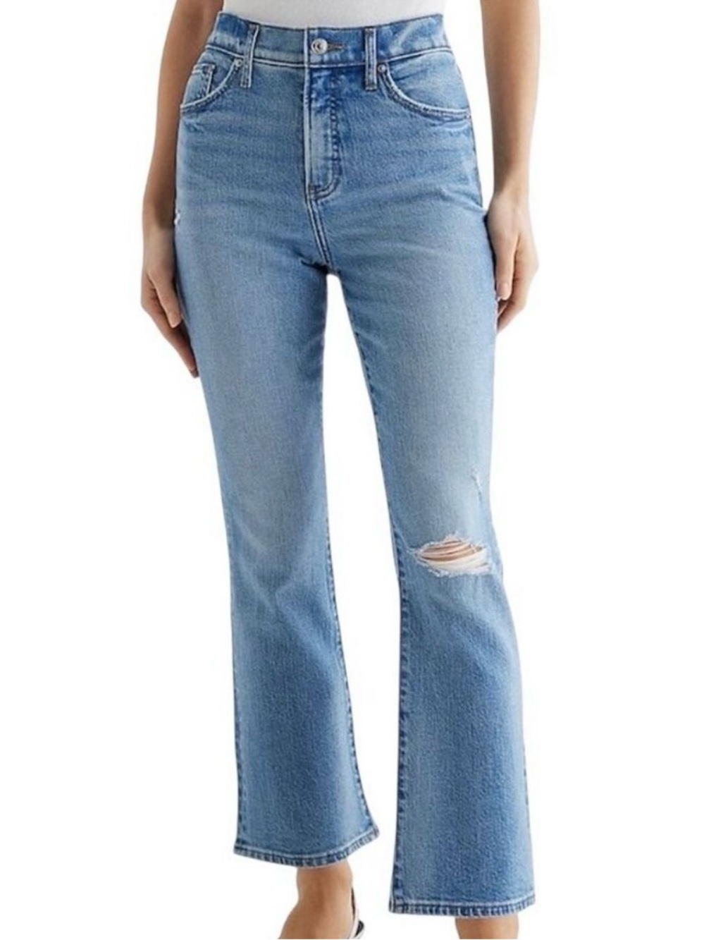 Express Women's High Waist Light Wash Ripped Knee Crop Flare Jeans Size 12 Tall